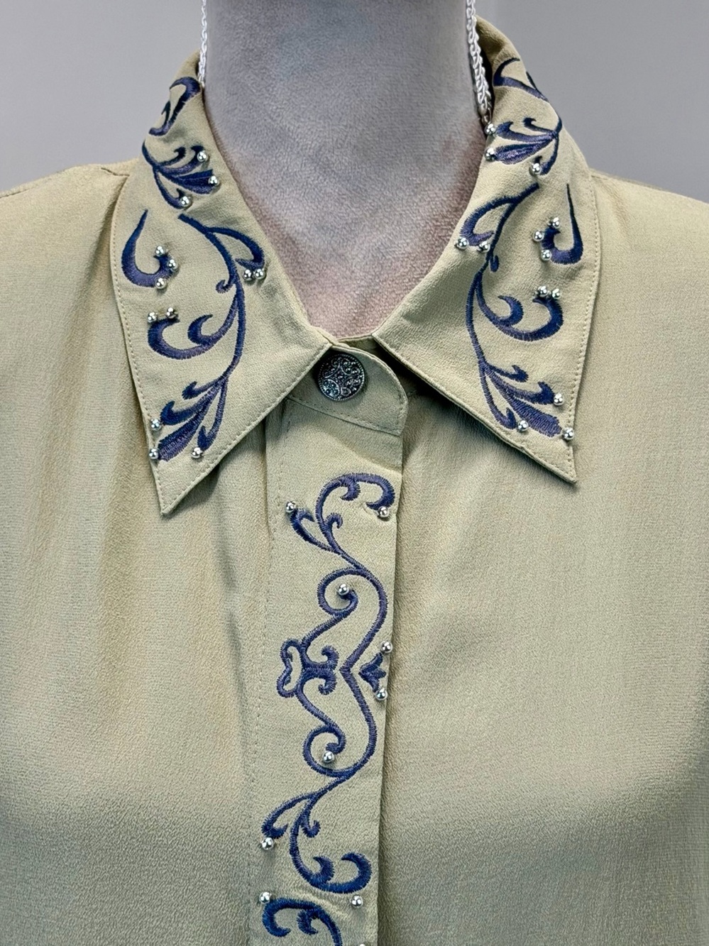 Vintage Diane Gilman Silk Blouse Top XL Sage Green Embroidered Button Up NWT